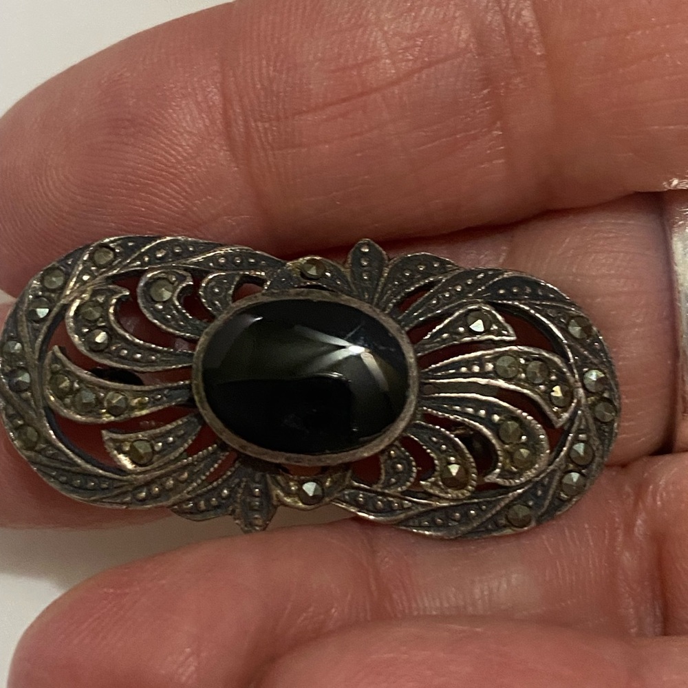Vintage Black Onyx and Marcasite Filigree Brooch - Women Jewelry
